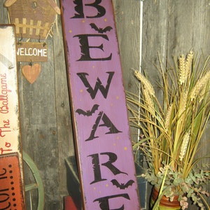 Primitive Large Holiday Wooden Painted Halloween Subway Sign BEWARE Crows Mummy Pumpkins Bats Country Housewares Folkart image 4