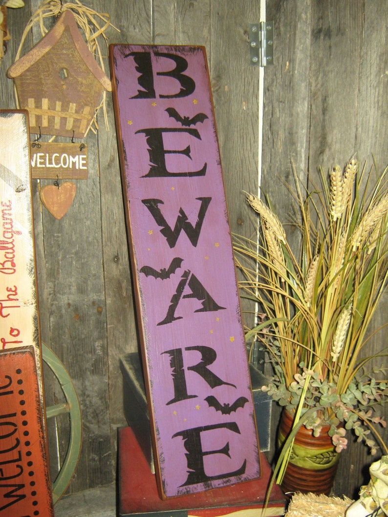 Primitive Large Holiday Wooden Painted Halloween Subway Sign BEWARE Crows Mummy Pumpkins Bats Country Housewares Folkart image 4