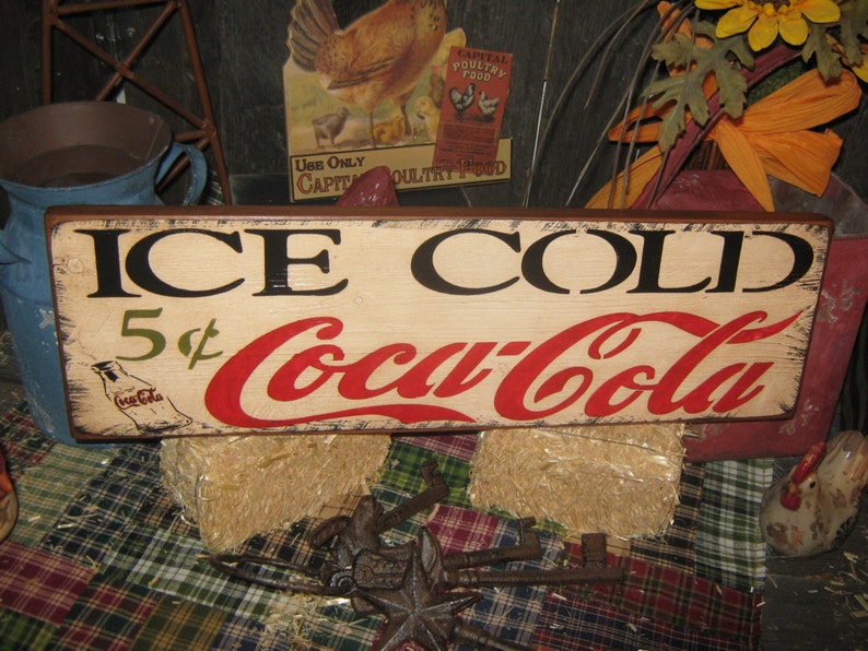 Primitive Wood Coke Advertising Sign Ice Cold Coca Cola 5 cents sign Country Farm Folkart Housewares image 3
