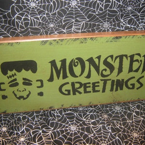 Primitive Holiday Wooden Hand Painted Halloween Salem Witch Sign Frankenstein Monster Greetings Bats Country Rustic Folkart imagem 4