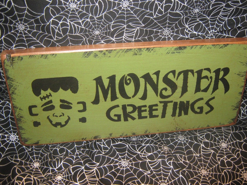 Primitive Holiday Wooden Hand Painted Halloween Salem Witch Sign Frankenstein Monster Greetings Bats Country Rustic Folkart image 4