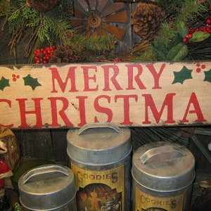 Primitive Large Holiday Wooden Hand Painted Christmas Sign -  " MERRY CHRISTMAS " Country Folkart Housewares