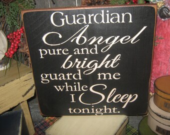 New Item:  Primitive Lg Wood Hand Painted Sign " Guardian Angel " Love Country Housewares Wedding Rustic Subway Art