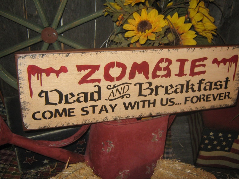 Primitive Lg Wood Holiday Halloween Sign ZOMBIE Dead & Breakfast Pumpkin Witch Fall Spooky Country Folkart Housewares image 5