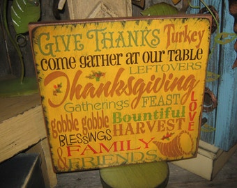 Primitive Lg Holiday Wooden Hand Painted Fall Subway Sign -  " GIVE THANKS " ThanksGiving Turkey Everyday  Country Rustic Housewares