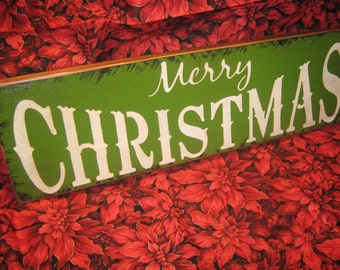 Primitive Large Holiday Wooden Hand Painted Christmas Sign -  " MERRY CHRISTMAS " Country Folkart Housewares