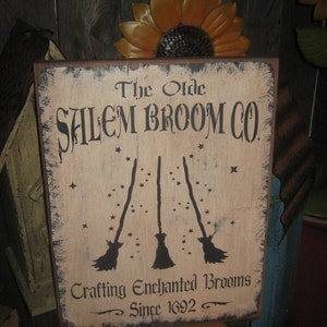 Primitive Lg Holiday Wooden Hand Painted Halloween Salem WItch Sign The Olde Salem Broom Co Country Rustic Folkart image 4