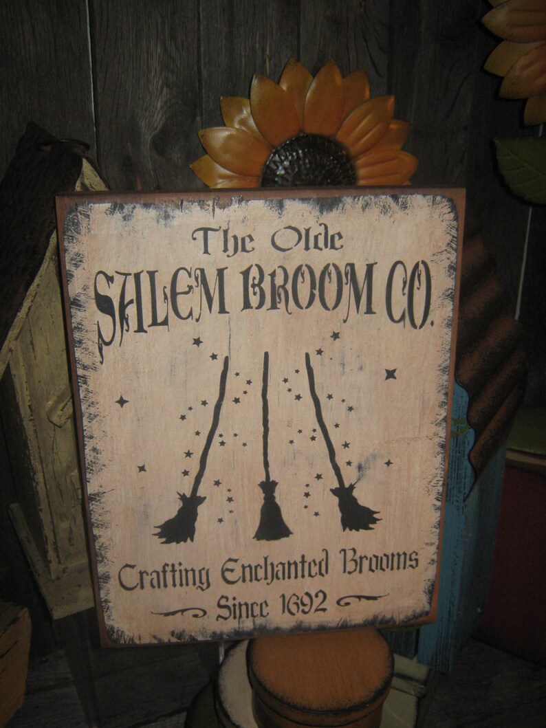 Primitive Lg Holiday Wooden Hand Painted Halloween Salem WItch Sign The Olde Salem Broom Co Country Rustic Folkart image 4