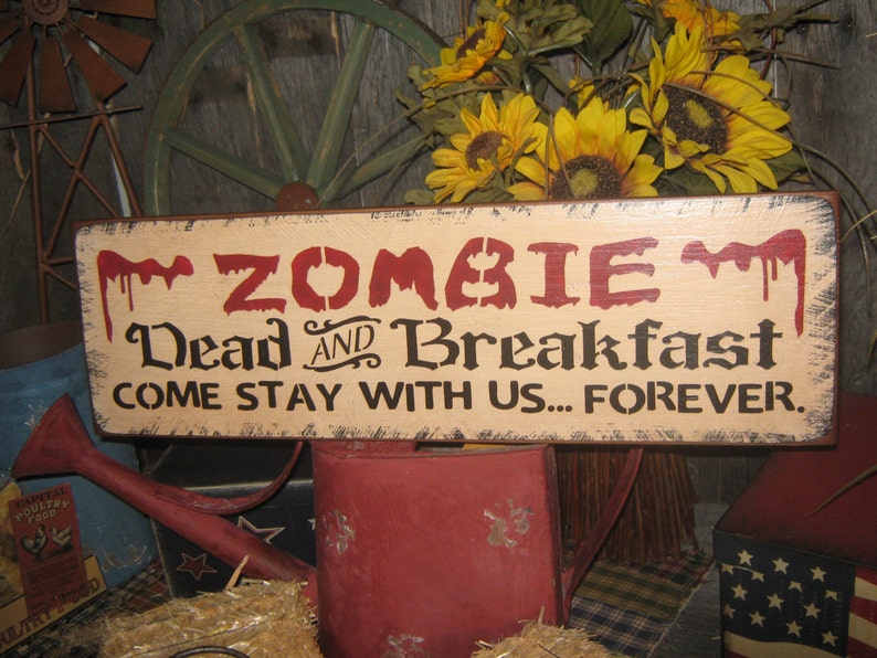 Primitive Lg Wood Holiday Halloween Sign ZOMBIE Dead & Breakfast Pumpkin Witch Fall Spooky Country Folkart Housewares image 4