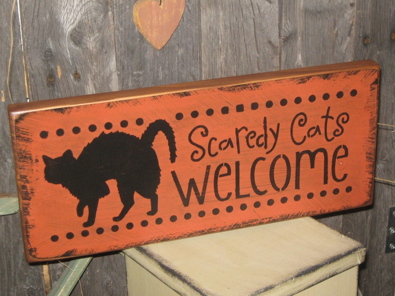 Primitive Holiday Wooden Hand Painted Spooky Halloween Salem Witch Sign Scaredy Cats Welcome Country Rustic Folkart image 1