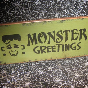 Primitive Holiday Wooden Hand Painted Halloween Salem Witch Sign Frankenstein Monster Greetings Bats Country Rustic Folkart imagem 2