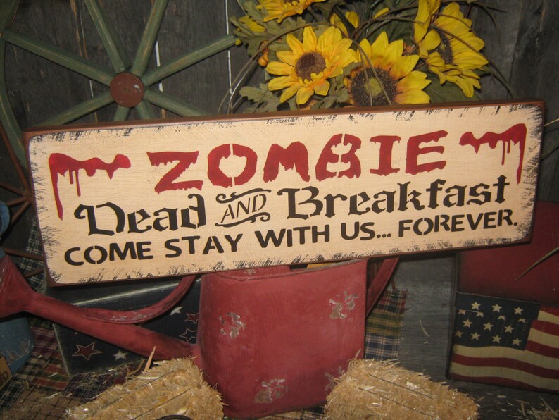 Primitive Lg Wood Holiday Halloween Sign ZOMBIE Dead & Breakfast Pumpkin Witch Fall Spooky Country Folkart Housewares image 1