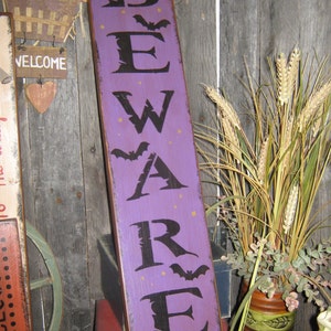 Primitive Large Holiday Wooden Painted Halloween Subway Sign BEWARE Crows Mummy Pumpkins Bats Country Housewares Folkart image 5