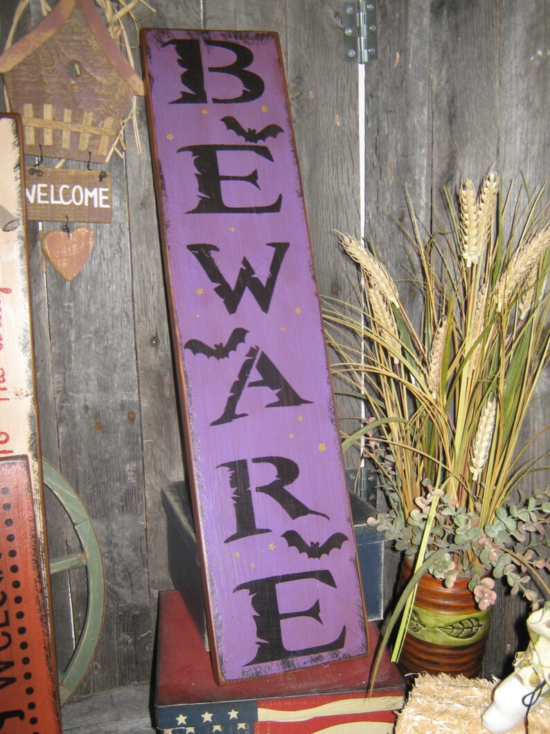 Primitive Large Holiday Wooden Painted Halloween Subway Sign BEWARE Crows Mummy Pumpkins Bats Country Housewares Folkart image 5