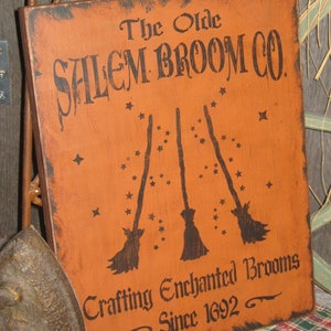 Primitive Lg Holiday Wooden Hand Painted Halloween Salem WItch Sign -  " The Olde Salem Broom Co  "  Country  Rustic Folkart