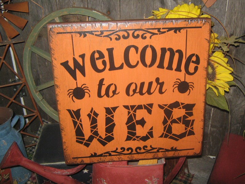 Primitive Lg Holiday Wooden Hand Paint Halloween Salem Witch Web Sign Welcome to our Web Spider Spiderweb Country Rustic Folkart image 3