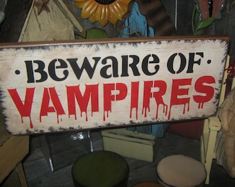 Primitive Lg 18" Wood Holiday Halloween Sign Zombie Dead & Breakfast " BEWARE of VAMPIRES " Pumpkin Witch Fall Spooky vampire Housewares