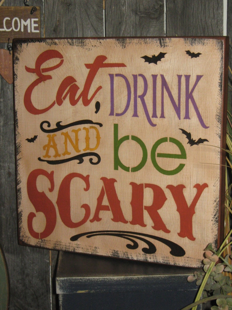 Primitive Lg Wood Holiday Halloween Subway Sign Bats Witch Ghost EAT, Drink and Be Scary Pumpkin Witch Fall Spooky Country Housewares image 3