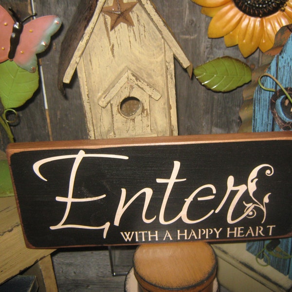 Primitive Med Hand Painted Wood Entrance Sign " ENTER with a Happy Heart " Rustic Housewares Entry Welcome Greeting