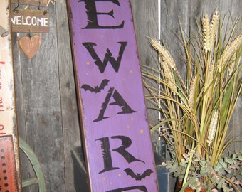 Primitive Large Holiday  Wooden Painted Halloween Subway Sign  " BEWARE  " Crows Mummy  Pumpkins Bats Country Housewares  Folkart