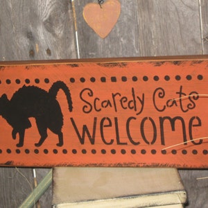 Primitive Holiday Wooden Hand Painted Spooky Halloween Salem Witch Sign Scaredy Cats Welcome Country Rustic Folkart image 2