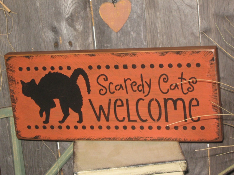 Primitive Holiday Wooden Hand Painted Spooky Halloween Salem Witch Sign Scaredy Cats Welcome Country Rustic Folkart image 2