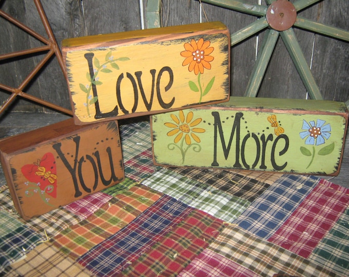 Primitive Wood Blocks Set of 3 LOVE YOU MORE Etsy