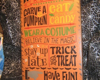 Primitive  Holiday Wood Painted Halloween Salem Witch Subway Sign -  " HALLOWEEN RULES "  Witch Little Monsters Live Country  Rustic