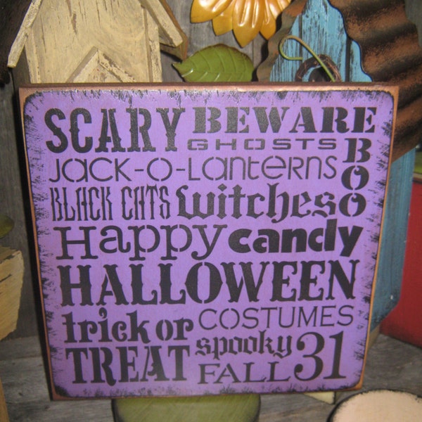 Primitive Lg Wood Holiday Halloween Subway Sign Welcome Foolish Mortals " SCARY WITCHES BEWARE " Pumpkin Fall Spooky Country Folk Housewares