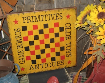 Signo de tablero de juego de madera primitivo "Primitives Olde Toys Game Boards Antiques" Kitchen Rooster Country Farm Folkart Artículos para el hogar