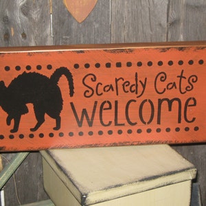 Primitive Holiday Wooden Hand Painted Spooky Halloween Salem Witch Sign Scaredy Cats Welcome Country Rustic Folkart image 4