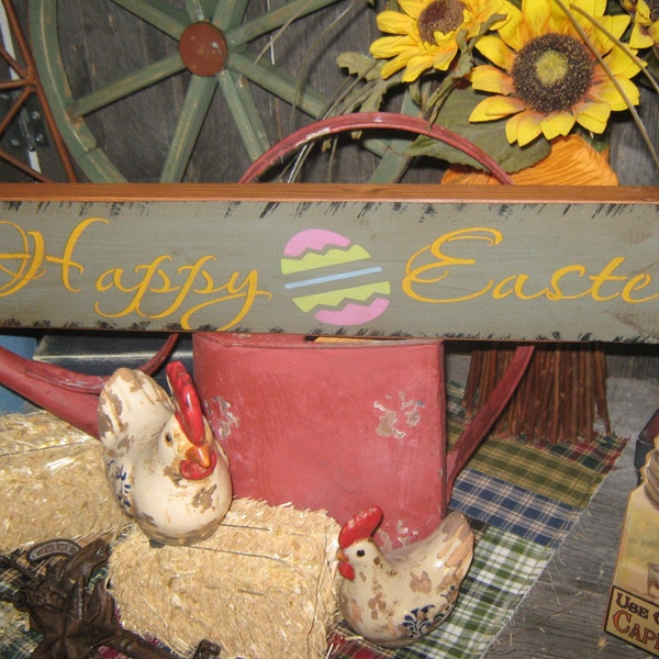 Primitive Wood Sign Easter Holiday  Bunny Rabbit " Happy Easter  " Handpainted Country Folkart Housewares Wall Decor