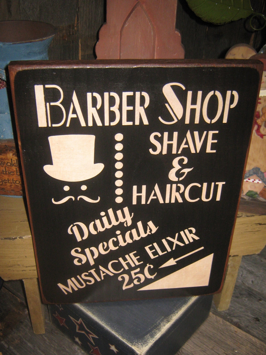 Primitive Lg Wood Barber Shop Sign Hand Painted BARBER SHOP