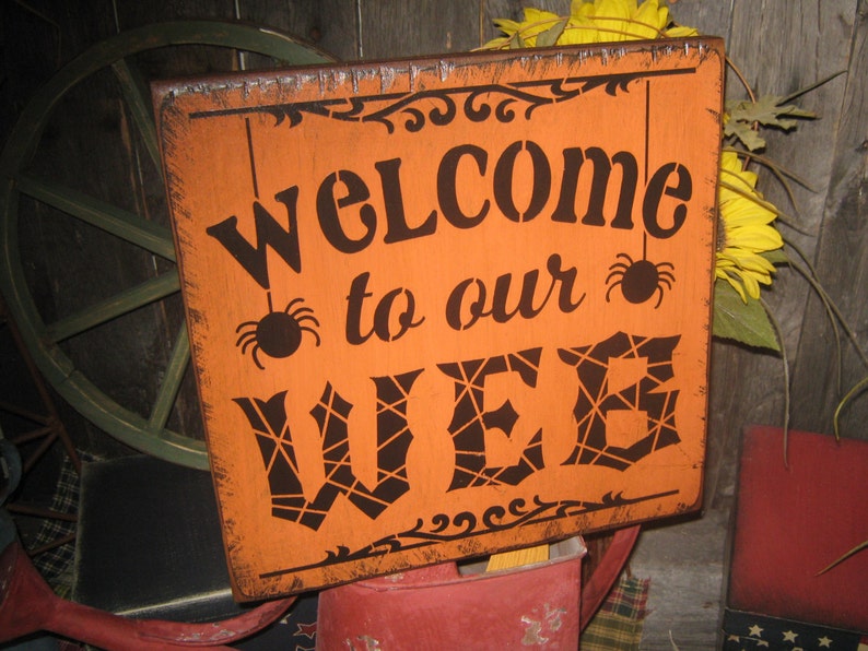 Primitive Lg Holiday Wooden Hand Paint Halloween Salem Witch Web Sign Welcome to our Web Spider Spiderweb Country Rustic Folkart image 4