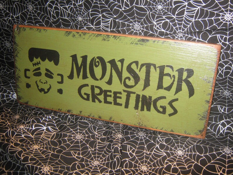 Primitive Holiday Wooden Hand Painted Halloween Salem Witch Sign Frankenstein Monster Greetings Bats Country Rustic Folkart imagem 3