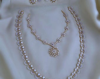 Antique Gold Floral Necklace Set, White Stone Jewelry