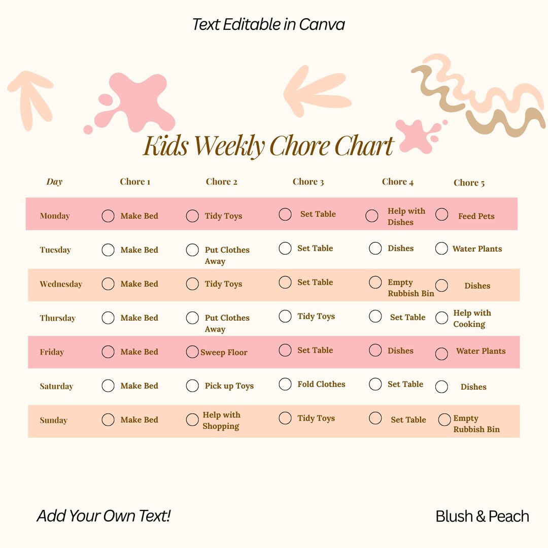 Editable Kids Chore Chart | Weekly Routine, Canva Template (digital ...