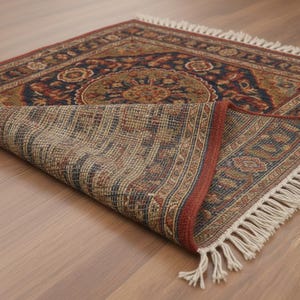 May include: A rectangular area rug with a detailed, traditional design. The rug features a central medallion and floral patterns in shades of navy, red, and olive green. The rug's edge is trimmed with a red border and white fringe.