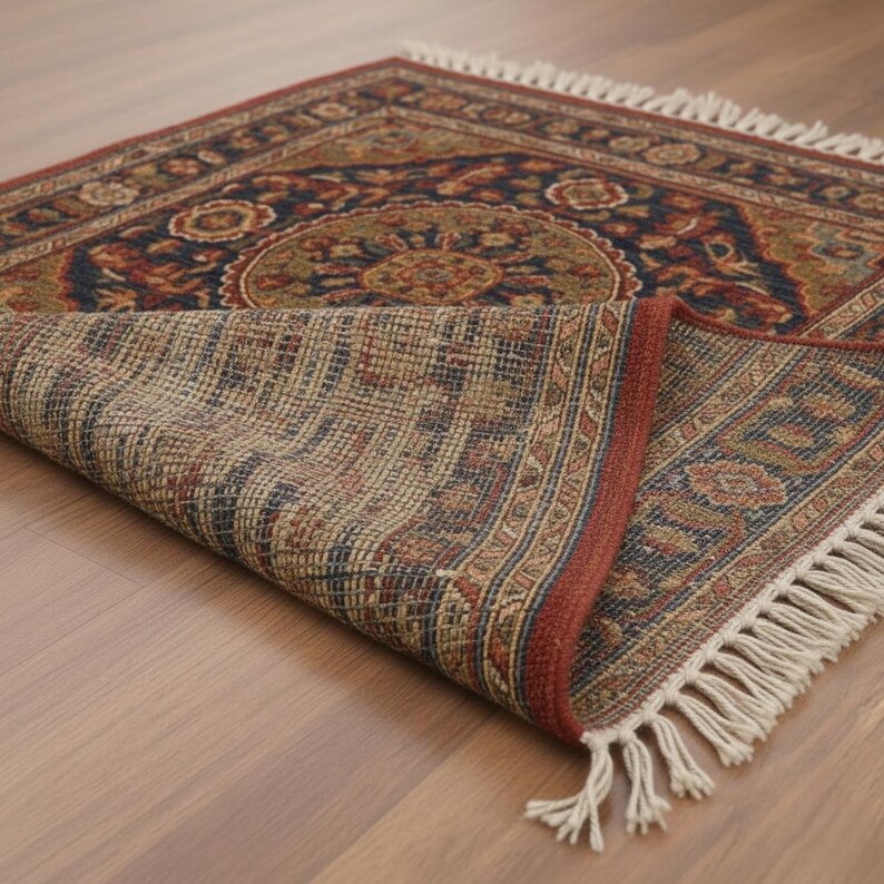 May include: A rectangular area rug with a detailed, traditional design. The rug features a central medallion and floral patterns in shades of navy, red, and olive green. The rug's edge is trimmed with a red border and white fringe.