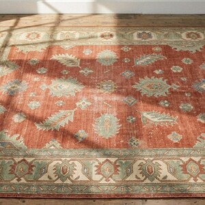 May include: A rectangular area rug featuring a deep terracotta red center field adorned with repeating sage green and cream floral and geometric motifs. The rug is framed by a wide border in matching sage green and cream with intricate patterns.