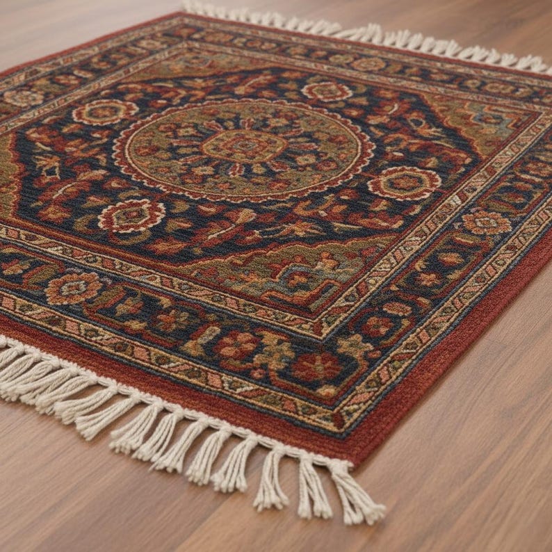 May include: A square rug with a detailed floral pattern in shades of navy blue, red, and olive green. The rug has a central medallion design and a red border, with cream-colored fringe along the edges. The rug is likely made of woven material.