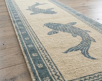Hand Knotted Koi Fish Runner Rug, 2.6x10 Ft Hallway Carpet, Japanese Style Entryway Decor