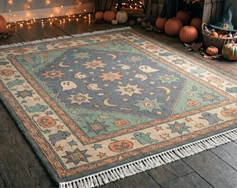 Halloween Ghost Pumpkin Area Rug, Boho Vintage Hand-Knotted Wool Carpet