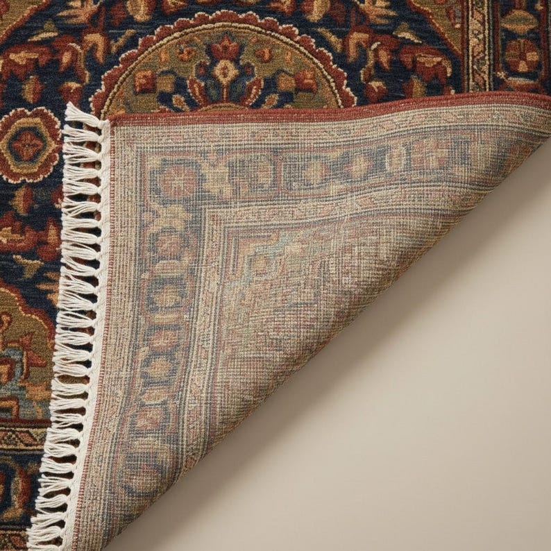 May include: A section of a detailed area rug with a navy blue background and intricate patterns in shades of red, gold, and green. The rug's edge is visible, revealing a beige underside with a border design and white fringe.