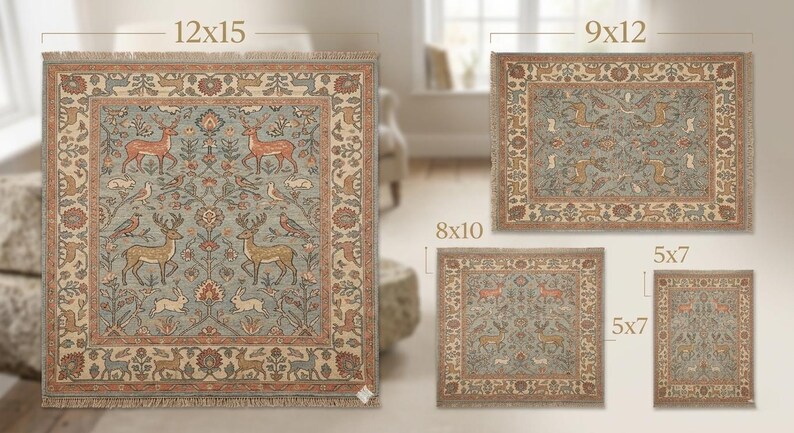 Hand-knotted Wool Animal Rug, Deer Bird Folk Art, Vintage Style Nature ...