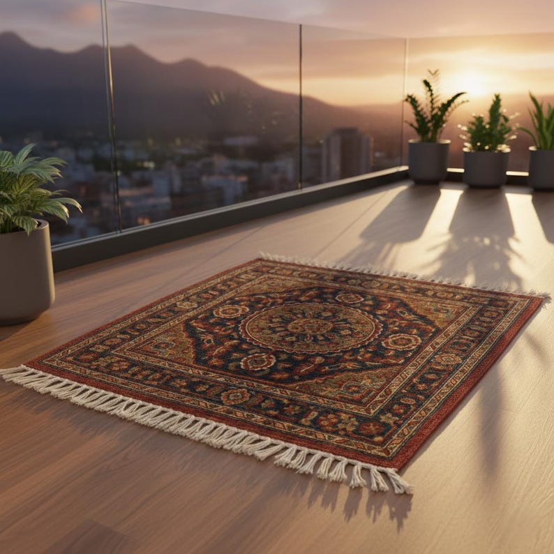 May include: A square, ornate rug with a central medallion design. The rug features a dark blue background with red, gold, and beige floral patterns. White fringe trims the edges. The rug is placed on a wooden surface.