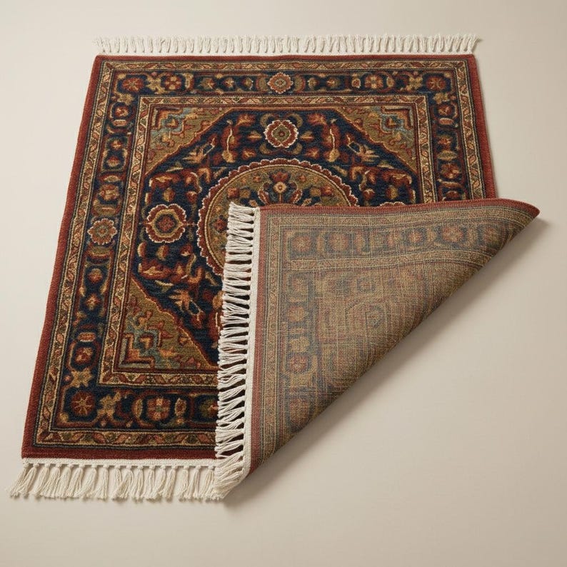 May include: A rectangular area rug with a detailed, ornate pattern. The rug features a dark blue central field with red and gold accents, and a red border. The rug's fringe is white.