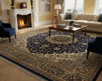 Persian Style Area Rug, Navy Blue Medallion Carpet, Vintage Oriental Floral Rug