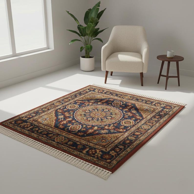 May include: A rectangular area rug with a central medallion design in shades of navy blue, gold, and rust. The rug has a fringed border and is placed on a white floor. The rug's pattern includes floral and geometric elements.