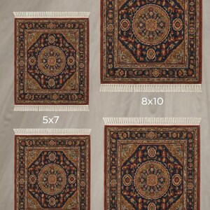 May include: Four area rugs with intricate patterns and fringe. The rugs are in various sizes: 5x7, 8x10, 12x15, and 9x12. Each rug features a central medallion design in shades of gold, blue, and red, with a dark blue background.
